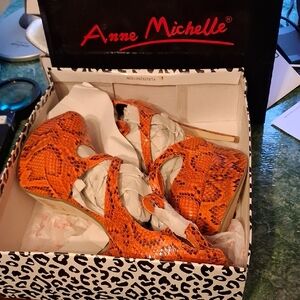 Anne Michelle Vibrant Orange Snake Heels